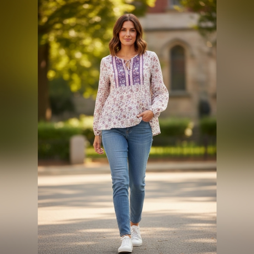 LUCKY BRAND Floral Boho Blouse with Purple Accents SIZE LARGE